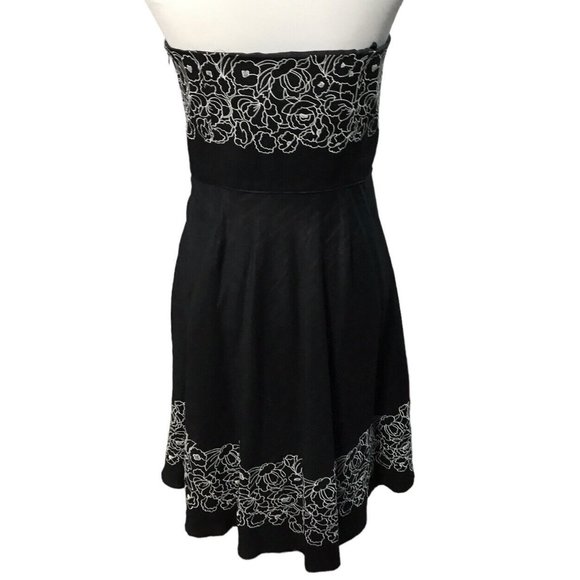 Ann Taylor Black Lined Linen Strapless Floral Embroidered Dress Sz 8 P - Picture 4 of 7